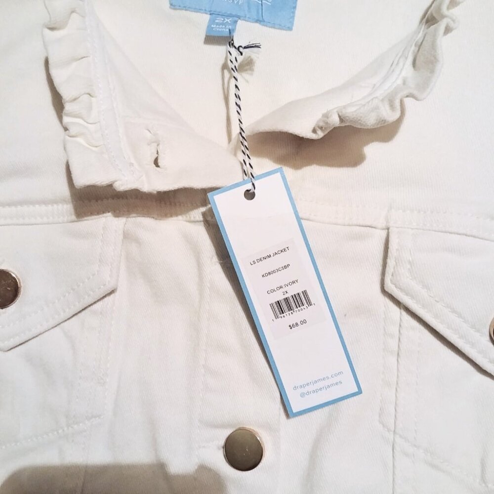 DRAPER JAMES RSVP™ White Denim Jacket with Ruffle Trim and Gold Buttons Size 2X - Picture 4 of 6
